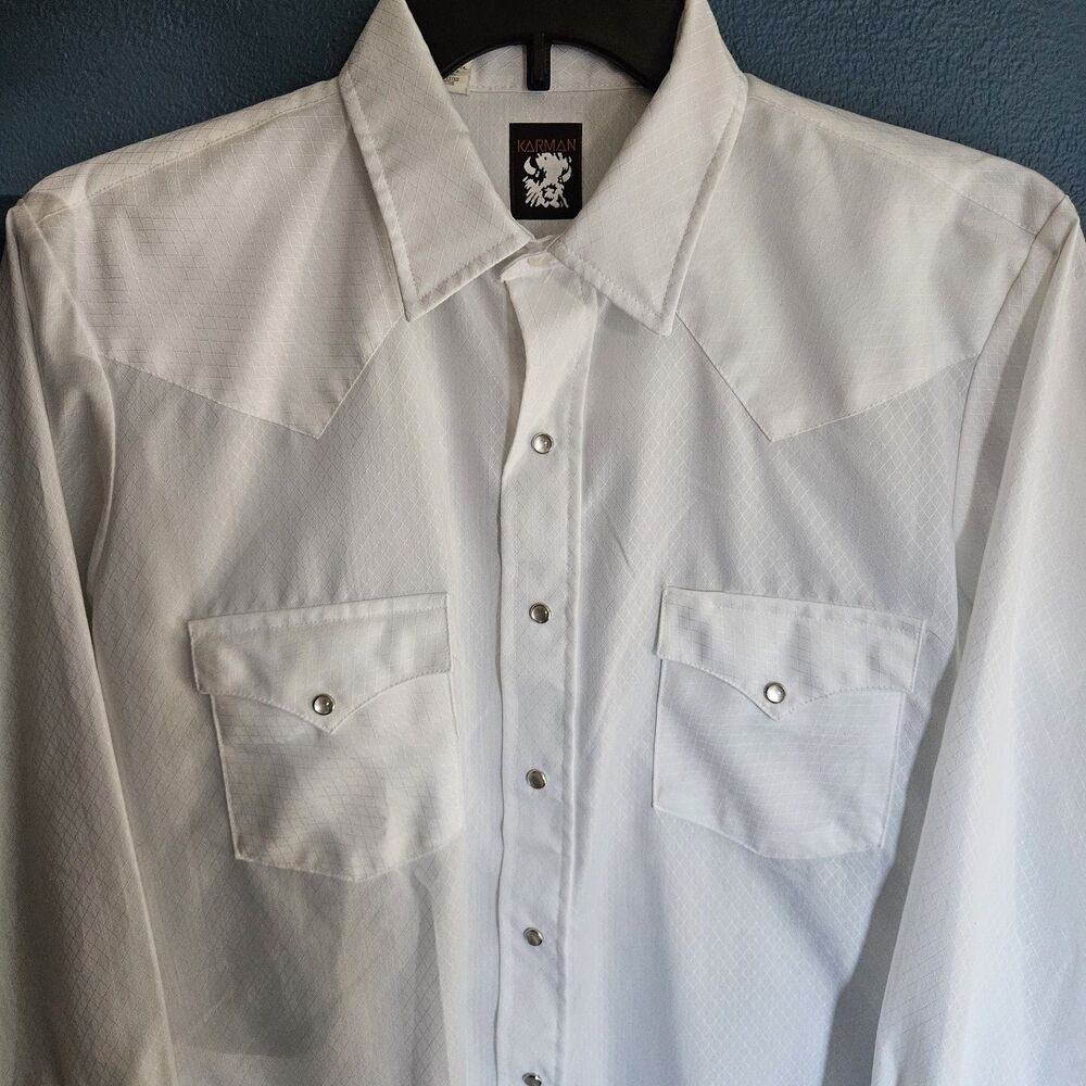 VTG 70s Karman Pearl Snap Shirt Western Mens L 16/36 White Diamond Knit USA Made